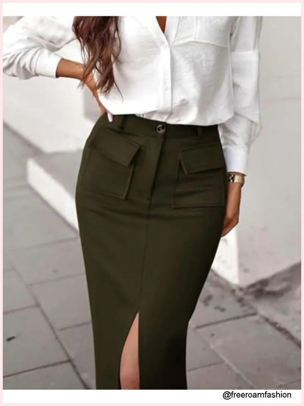 High Waisted Cargo Midi Pencil Skirt with Pockets and Slit
